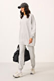Gri Melanj O Yaka Basic Oversize Kadın Eşofman Tunik Takım - 95347