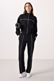 Siyah Yumuşak Dokulu Dik Yaka Oversize Lastikli Kadın Eşofman Takım - 95349