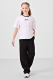 Beyaz-Siyah O Yaka Baskılı Geniş Paça Standart Fit Kız Çocuk Palazzo Eşofman Takım - 75171