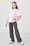 Beyaz-Koyu Gri O Yaka Baskılı Geniş Paça Standart Fit Kız Çocuk Palazzo Eşofman Takım - 75171