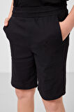 Siyah Pamuklu Oversize Fit Dokuma Hafif Esnek Chino Erkek Çocuk Şort Takım - 11276
