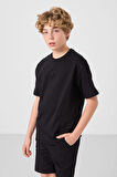 Siyah Pamuklu Oversize Fit Dokuma Hafif Esnek Chino Erkek Çocuk Şort Takım - 11276