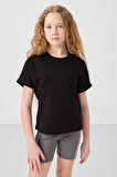 Siyah Pamuklu O Yaka Oversize Fit Basic Kız Çocuk T-Shirt - 75182