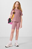Gül Kurusu Pamuklu O Yaka Oversize Fit Basic Kız Çocuk T-Shirt - 75182