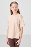 Bej Pamuklu O Yaka Oversize Fit Baskılı Kız Çocuk T-Shirt - 75178