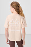 Bej Pamuklu O Yaka Oversize Fit Baskılı Kız Çocuk T-Shirt - 75178