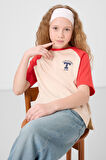 Bej O Yaka  Pamuklu Baskılı Oversize Fit Kız Çocuk T-Shirt - 75179