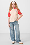 Bej O Yaka  Pamuklu Baskılı Oversize Fit Kız Çocuk T-Shirt - 75179