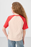 Bej O Yaka  Pamuklu Baskılı Oversize Fit Kız Çocuk T-Shirt - 75179