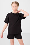 Siyah Pamuklu Yumuşak Dokulu Standart Fit Basic Kız Çocuk Şort Takım - 75184