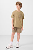 Koyu Bej-Camel Pamuklu Oversize Fit Dokuma Hafif Esnek Chino Erkek Çocuk Şort Takım - 11278