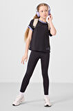 Siyah O Yaka Yan Şerit Detaylı Standart Fit Performans Kız Çocuk Tayt Takım - 75191