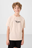 Bej Pamuklu Yumuşak Dokulu Oversize Baskılı Erkek Çocuk T-Shirt - 11285