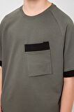 Haki Pamuklu Yumuşak Dokulu Oversize Cep Detaylı Erkek Çocuk T-Shirt - 11295