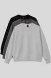 Basic Oversıze O Yaka 3lü Paket Siyah-Koyu Gri- Taş Kadın Sweatshirt - 97053