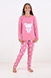 Kız Çocuk Uzun Kollu Fiyonklu Ayıcık Model Pijama Takımı