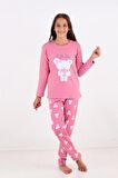 Kız Çocuk Uzun Kollu Fiyonklu Ayıcık Model Pijama Takımı