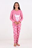 Kız Çocuk Uzun Kollu Fiyonklu Ayıcık Model Pijama Takımı