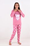 Kız Çocuk Uzun Kollu Fiyonklu Ayıcık Model Pijama Takımı