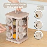 Porsima 1079 Kare Prizma Döner Standlı Döner Kapaklı 12'li Cam Baharatlık-Düzenleyici Organizer-Cappuccino