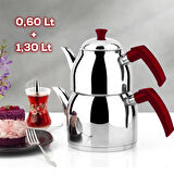 Yonca Firuze Mini Boy Paslanmaz Çelik İndüksiyon Taban Soft Kulp Çaydanlık Takımı 0,6 + 1,3 L Kırmızı
