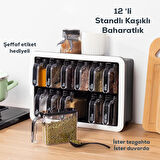 ﻿Porsima 1041 Standlı Kendinden Yapışkanlı Kaşıklı Kapaklı Baharatlık Takımı 12'Li Beyaz - Siyah