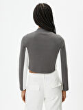 Yarım Fermuarlı Crop Sweatshirt Dik Yaka Renk Bloklu Baskılı Dar Kalıp