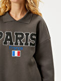 Gömlek Yaka Sweatshirt Paris Baskılı İşlemeli Uzun Kollu Pamuklu