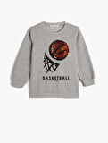 Sweatshirt Basketbol Temalı Pullu Payetli Uzun Kollu Bisiklet Yaka  Şardonlu 