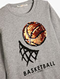 Sweatshirt Basketbol Temalı Pullu Payetli Uzun Kollu Bisiklet Yaka  Şardonlu 
