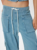 Oversize Kargo Kot Pantolon Beli Lastikli Cep Detaylı -  Loose Straight Fit Jeans