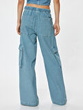 Oversize Kargo Kot Pantolon Beli Lastikli Cep Detaylı -  Loose Straight Fit Jeans