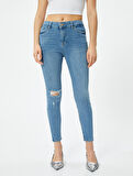 Dar Kesim Yüksek Bel Kot Pantolon Yıpratmalı Esnek Cepli Pamuklu - Carmen Skinny Jeans 