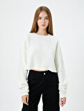 Crop Çizgili Sweatshirt Simli Uzun Balon Kollu