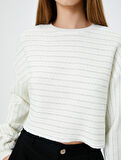 Crop Çizgili Sweatshirt Simli Uzun Balon Kollu