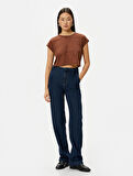 Crop Tişört Kısa Kollu Slim Fit Bisiklet Yaka