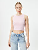 Crop Atlet Kolsuz Halter Yaka Dokulu