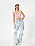 Drapeli V Yaka Crop Üst Kolsuz Slim Fit