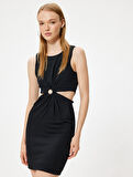 Mini Elbise Pencere Detaylı Kolsuz Bürümcük Bisiklet Yaka Slim Fit