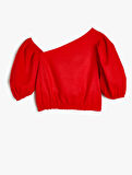 Crop Keten Bluz Balon Kollu Asimetrik Yaka