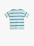 Çizgili Tişört Kısa Kollu Cep ve Baskı Detaylı Pamuklu
