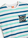 Çizgili Tişört Kısa Kollu Cep ve Baskı Detaylı Pamuklu