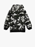 Geometrik Desenli Kapşonlu Sweatshirt Şardonlu 
