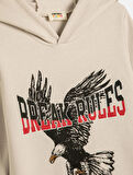 Kapşonlu Sweatshirt Kartal Baskılı Uzun Kollu Şardonlu  