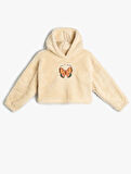 Peluş Kapşonlu Sweatshirt Kelebek İşlemeli Uzun Kollu