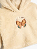 Peluş Kapşonlu Sweatshirt Kelebek İşlemeli Uzun Kollu