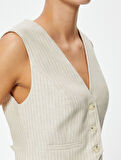 Keten Yelek Crop Slim Fit V Yaka Astarlı