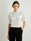 Crop Gömlek Kısa Kollu Cep Detaylı Düğmeli Keten Karışımlı