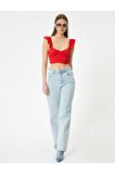 Fırfırlı Crop Bluz Arkası Bağlamalı Kolsuz Kalp Yaka Slim Fit