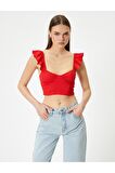 Fırfırlı Crop Bluz Arkası Bağlamalı Kolsuz Kalp Yaka Slim Fit
